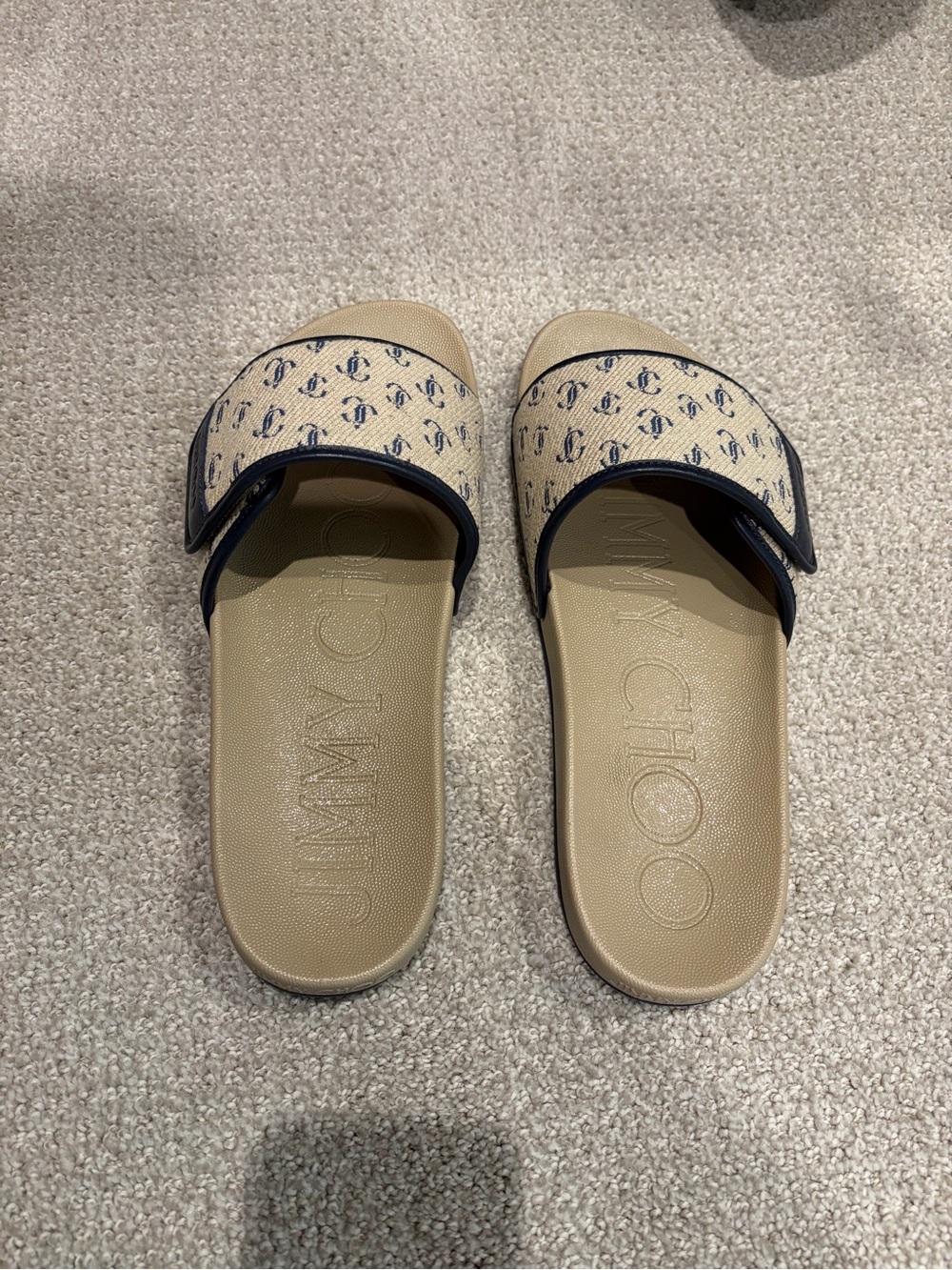 Jimmy Choo Fitz Slides Sand dune/ Navy Monogram Strap. Size 43 men’s